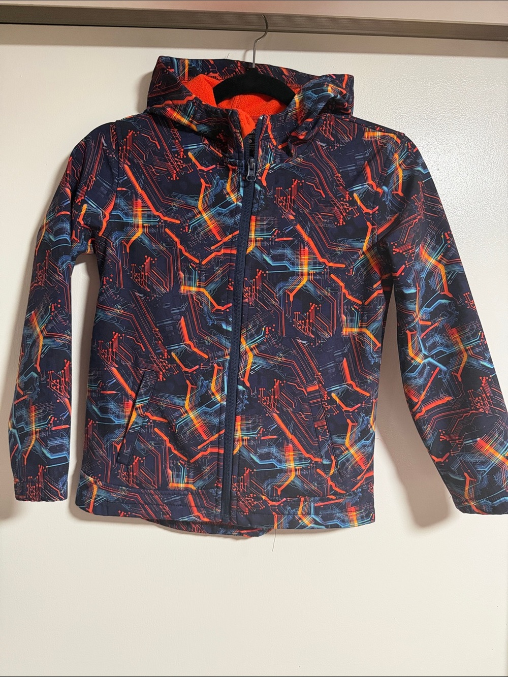 Kids' Hooded Puffer Jacket in Navy with Orange & Blue Circuit Print